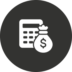 Calculator and money bag icon on black.