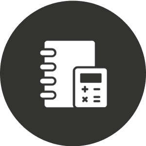 Notebook and calculator icon on black background.