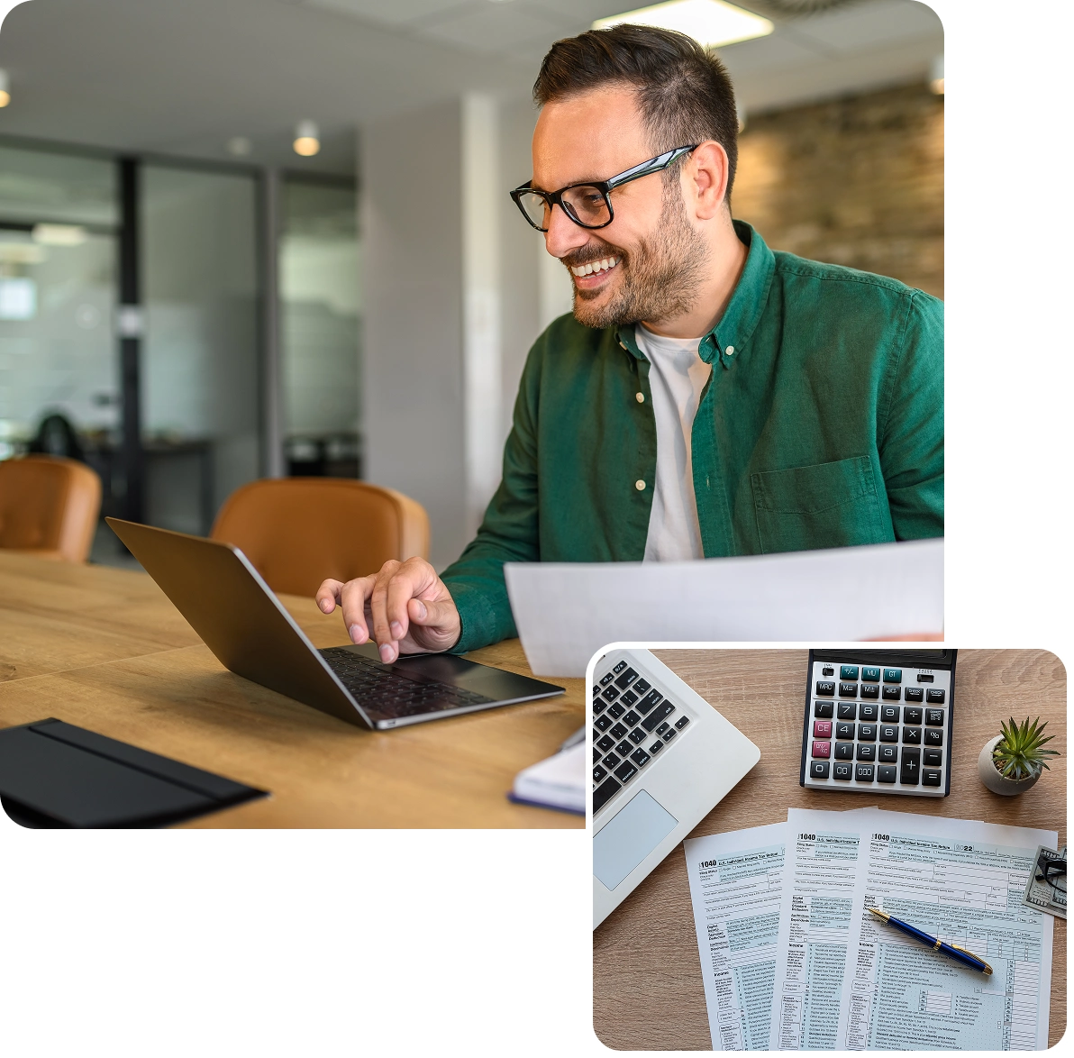 Man smiling while working on laptop.